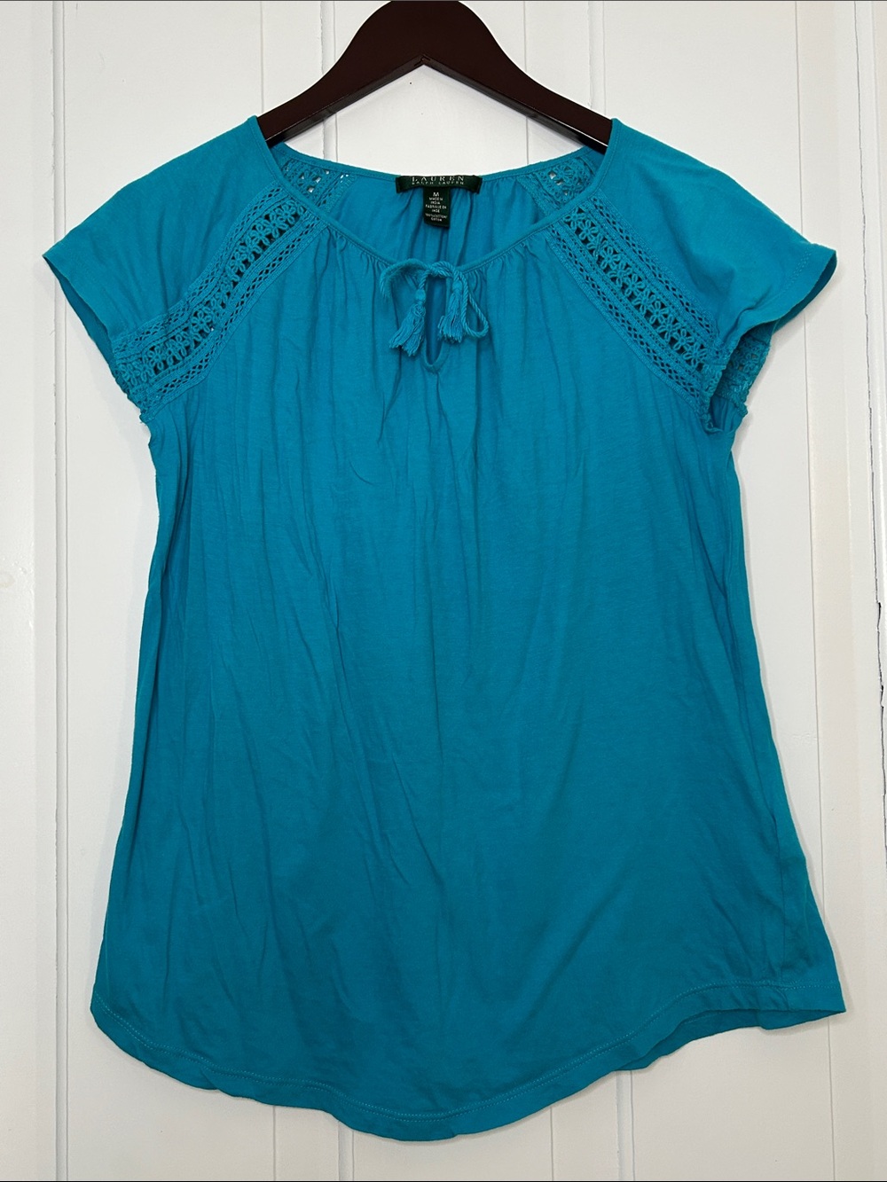 Ralph Lauren vintage turquoise Crochet-Yoke Tie-Neck 100 % cotton top
